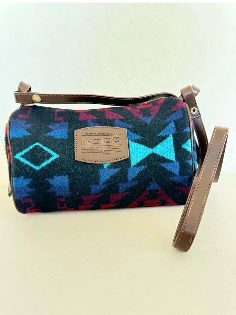 Pendleton Aztec Pattern Cylinder Crossbody in Black, Blue & Red